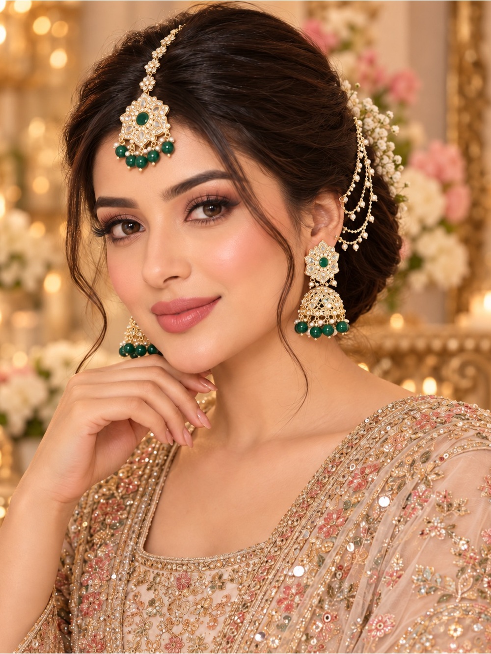 Gold-Tone Green Stone Jhumka Earrings and Maang Tikka Set - Women Jewelry